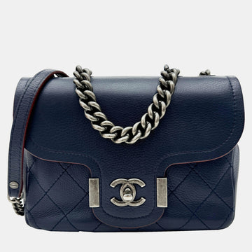 Matte Navy Leather Matelasse Chain Shoulder Bag 25