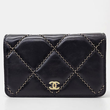 Black Leather Wild Stitch Wallet on Chain