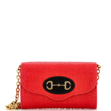 GUCCI Horsebit 1955 Curved Flap Shoulder Bag Raffia Small