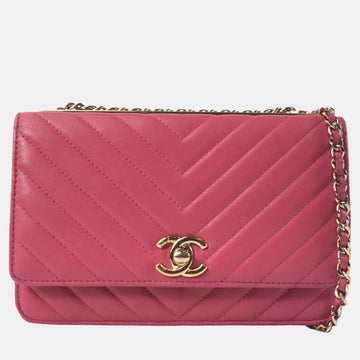 Pink Lambskin Chevron Trendy Wallet On Chain