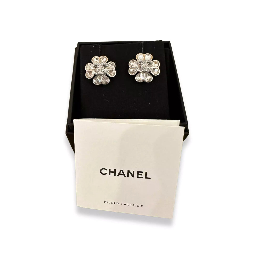 CHANEL SILVER CC CRYSTAL FLOWER EARRINGS