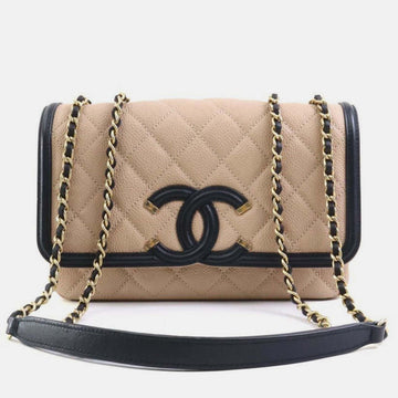Beige/Black Leather Small CC Filigree Flap Shoulder Bag