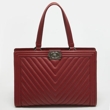 Red Chevron Quilted Leather Large Boy Shopper Tote