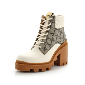 Women's Lace Up Heeled Ankle Boots VS Coated Canvas with Quilted Leather