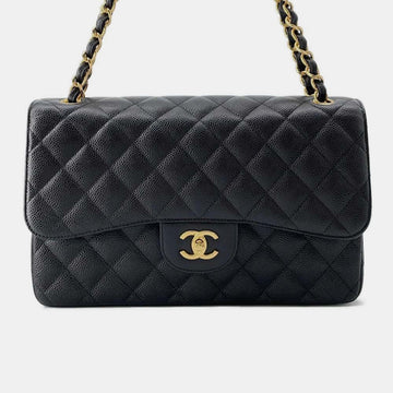 Black Leather Classic Double Flap Shoulder Bag