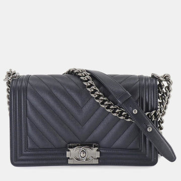 Navy Caviar Skin Chevron Boy Chain Shoulder Bag