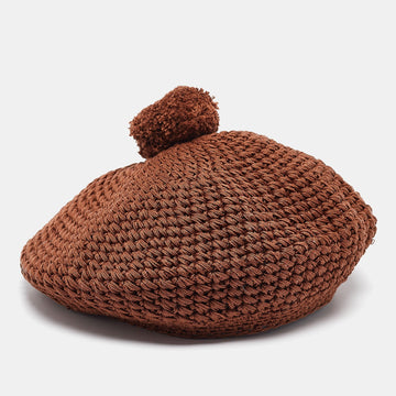 Brown Crochet Knit Pom-Pom Beret Cap M
