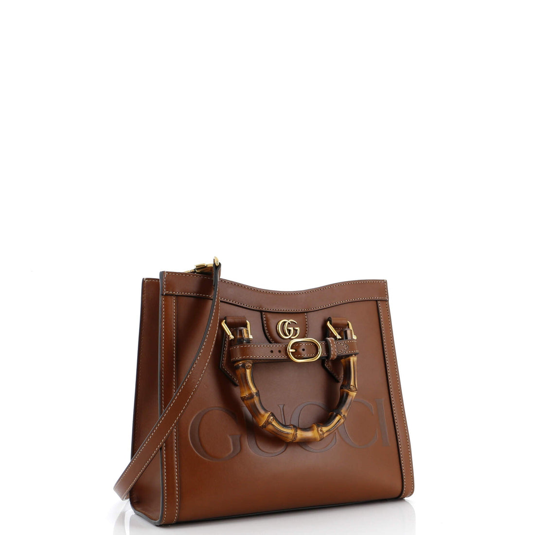 Diana NM Logo Bamboo Handle Tote Embossed Leather Small