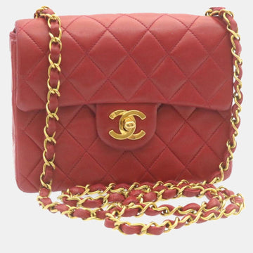 Red Lambskin Leather Mini Square Flap Bag