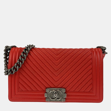 Red Chevron Leather Medium Boy Shoulder Bag