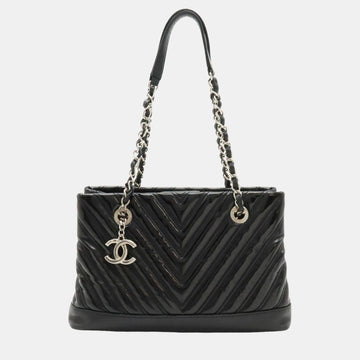 Black Patent Chevron Small Shopping Tote Bag