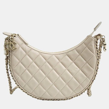 Beige Leather Small Hobo Bag