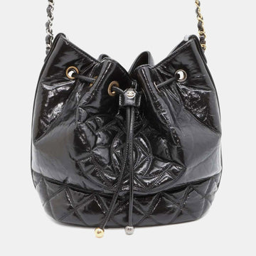 Black Shiny Aged Calfskin CC Chain Drawstring Bag