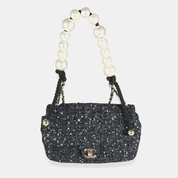 Navy Tweed Sequin Medium Pearl Handle Flap Bag