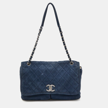 Blue Quilted Nubuck Leather Large Split Pocket Flap Bag