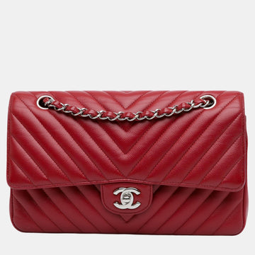 Red Chevron Leather Medium Classic Double Flap Bag