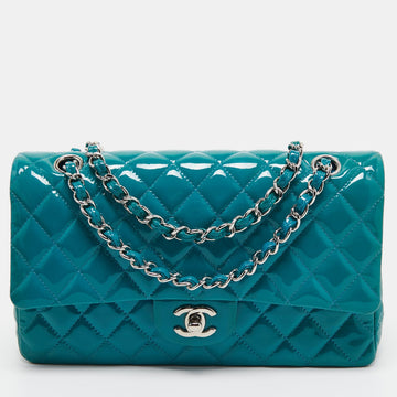 Teal Blue Quilted Patent Leather Medium Classic Double Flap Bag