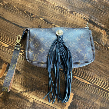 The Junco - Black FringeVS Monogram Wristlet Bag