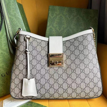 VS PADLOCK 32 SHOULDER BAG BEIGE CANVAS AND WHITE CALFSKIN