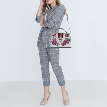 Gucci Grey Floral Sequins Patch Leather Medium Sylvie Top Handle Bag