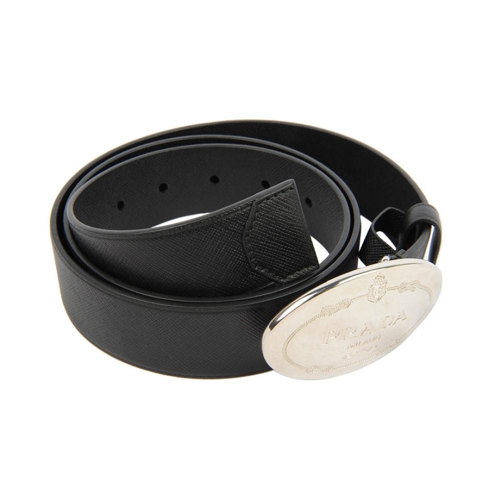 Prada Black Saffiano Leather Engraved Oval Plaque Buckle Size: 105/42 Belt 2CM046