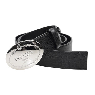 Prada Black Saffiano Leather Engraved Oval Plaque Buckle Size: 105/42 Belt 2CM046