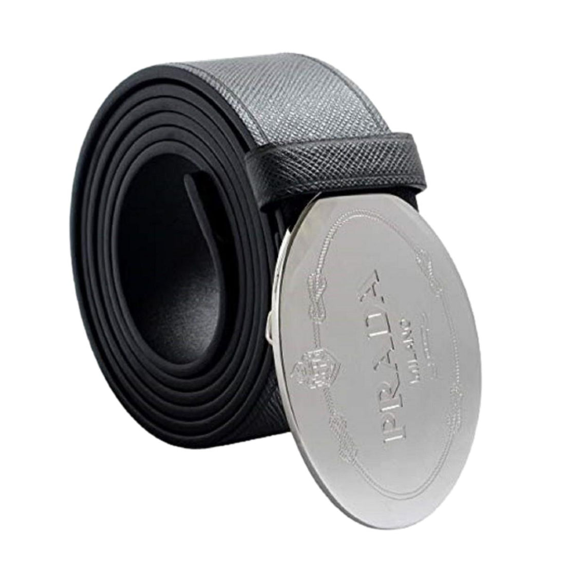 Prada Black Saffiano Leather Engraved Oval Plaque Buckle Size: 110/44 Belt 2CM046