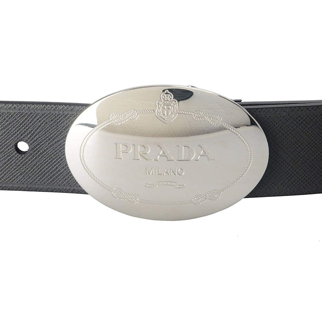 Prada Grey Saffiano Leather Oval Plaque Buckle Belt 2CM046 Size 90/36