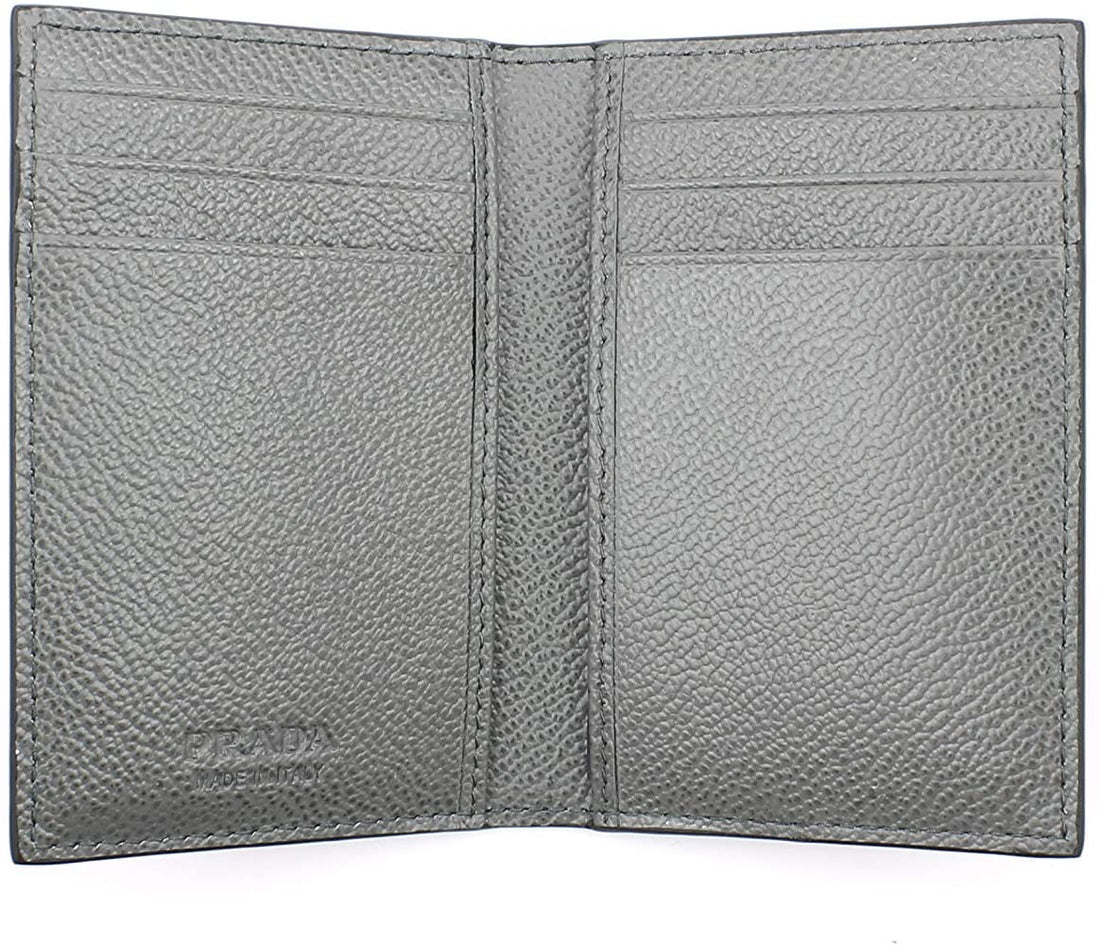 Prada Men's Vitello Micro Grain Black Grey Leather Vertical Card Holder 2MC101