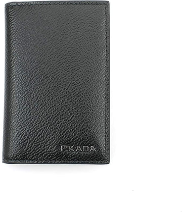 Prada Men's Vitello Micro Grain Black Grey Leather Vertical Card Holder 2MC101