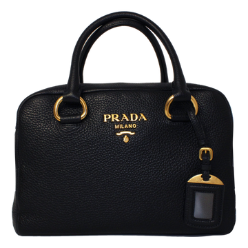 Prada Vitello Phenix Black Leather Stripe Strap Satchel Bag 1BB086