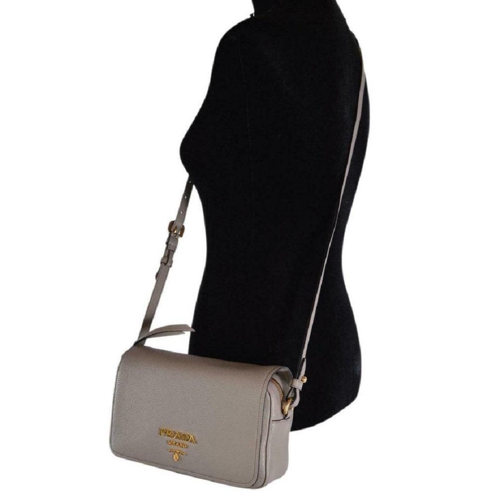 Prada Vitello Phenix Argilla Grey Leather Flap Crossbody Bag 1BD163