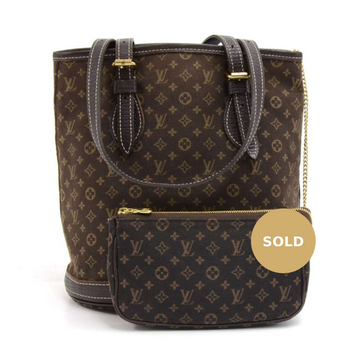 Louis Vuitto Bucket PM Mini Lin Monogram Ebène Canvas Shoulder Bag with Pouch