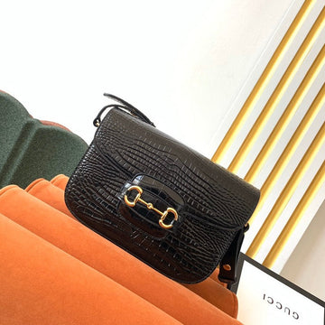 VS 1955 Horsebit Bag 25cm Black Crocodile Leather Gold Hardware