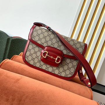VS 1955 Horsebit Bag 25cm Red Leather Beige Canvas Gold Hardware