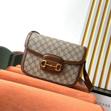 VS 1955 Horsebit Bag 25cm Brown Leather Beige Canvas Gold Hardware