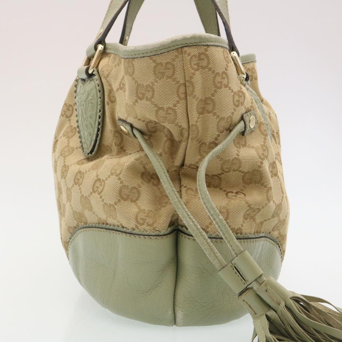 GUCCI VS Canvas Tote Bag Fringe Beige Green  yk3822